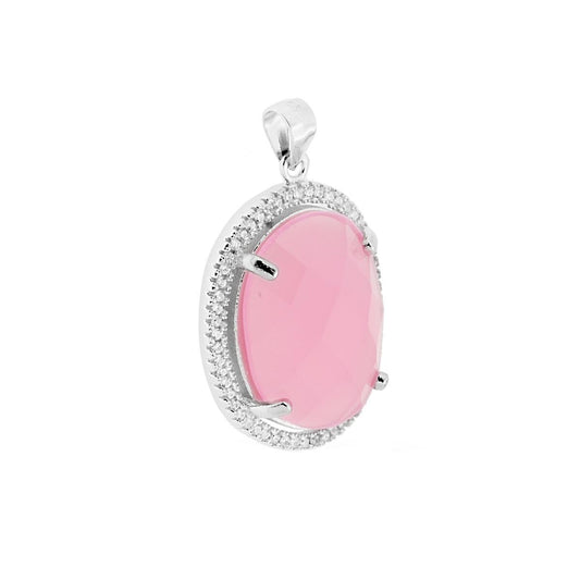 Ciondolo a forma Geometrica Ovale con pietra Rosa sfaccettata contornata con Zirconi Bianchi.