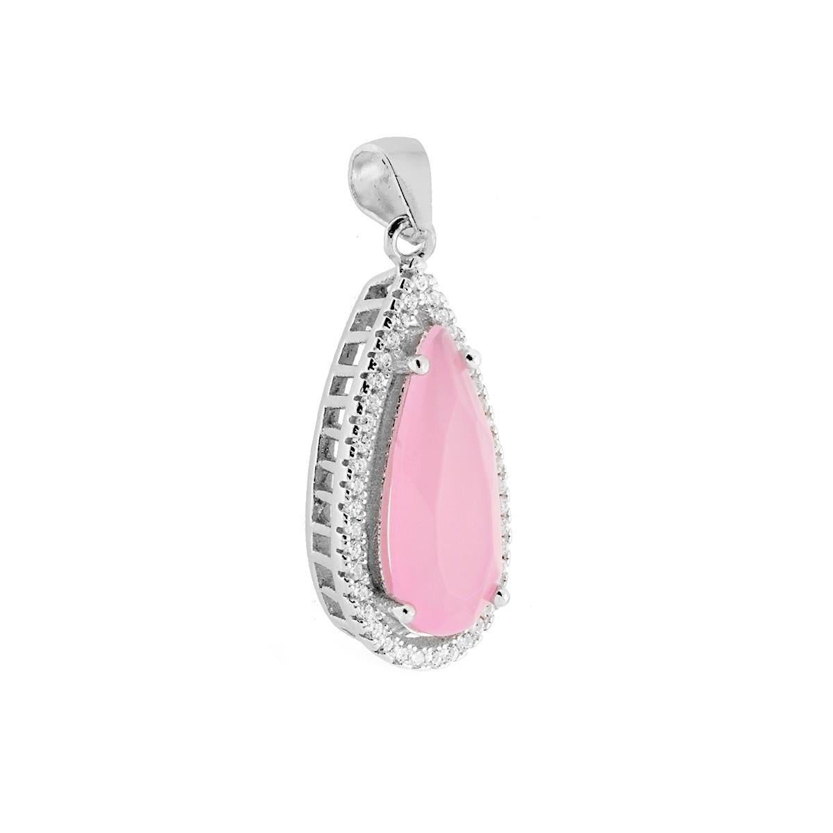 Ciondolo a forma di Goccia con pietra Rosa sfaccettata contornata con Zirconi Bianchi.