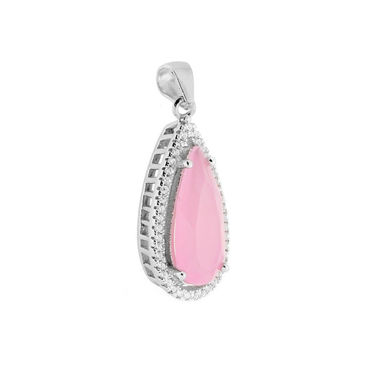 Ciondolo a forma di Goccia con pietra Rosa sfaccettata contornata con Zirconi Bianchi.