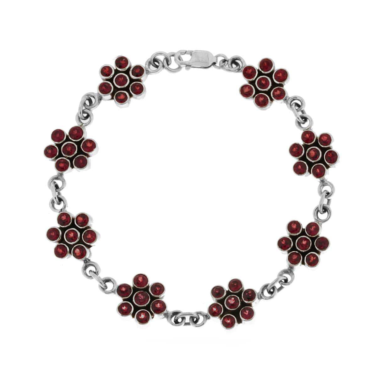 Bracciale Etnico Thailandese Fiori con Pietre Granato in ARGENTO 925