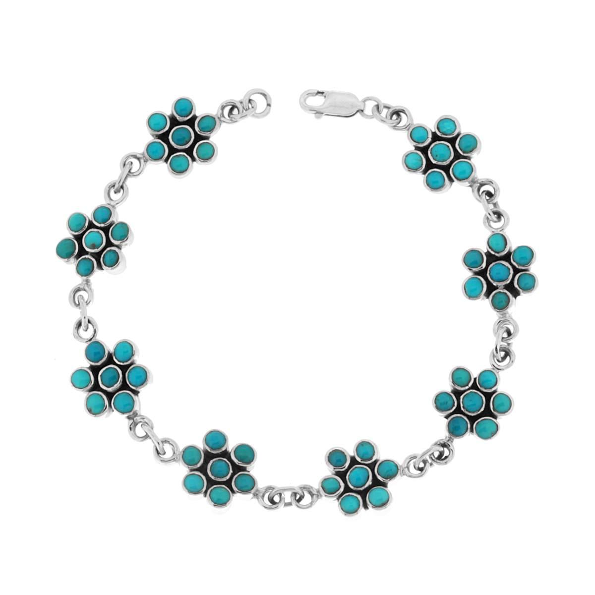 Bracciale Etnico Thailandese Fiori con Pietre Turchese in ARGENTO 925