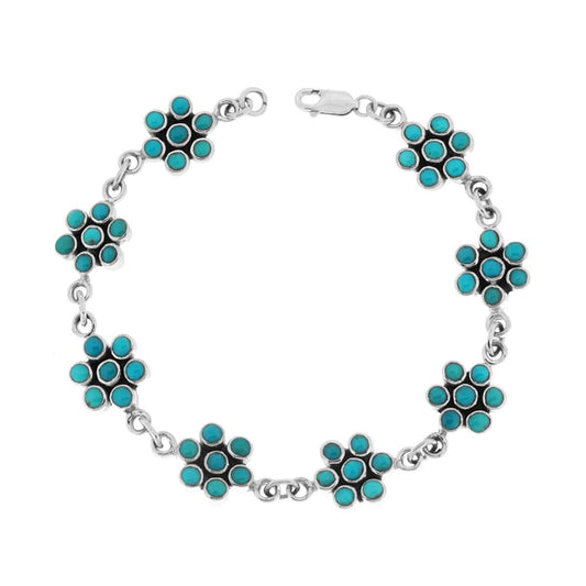 Bracciale Etnico Thailandese Fiori con Pietre Turchese in ARGENTO 925