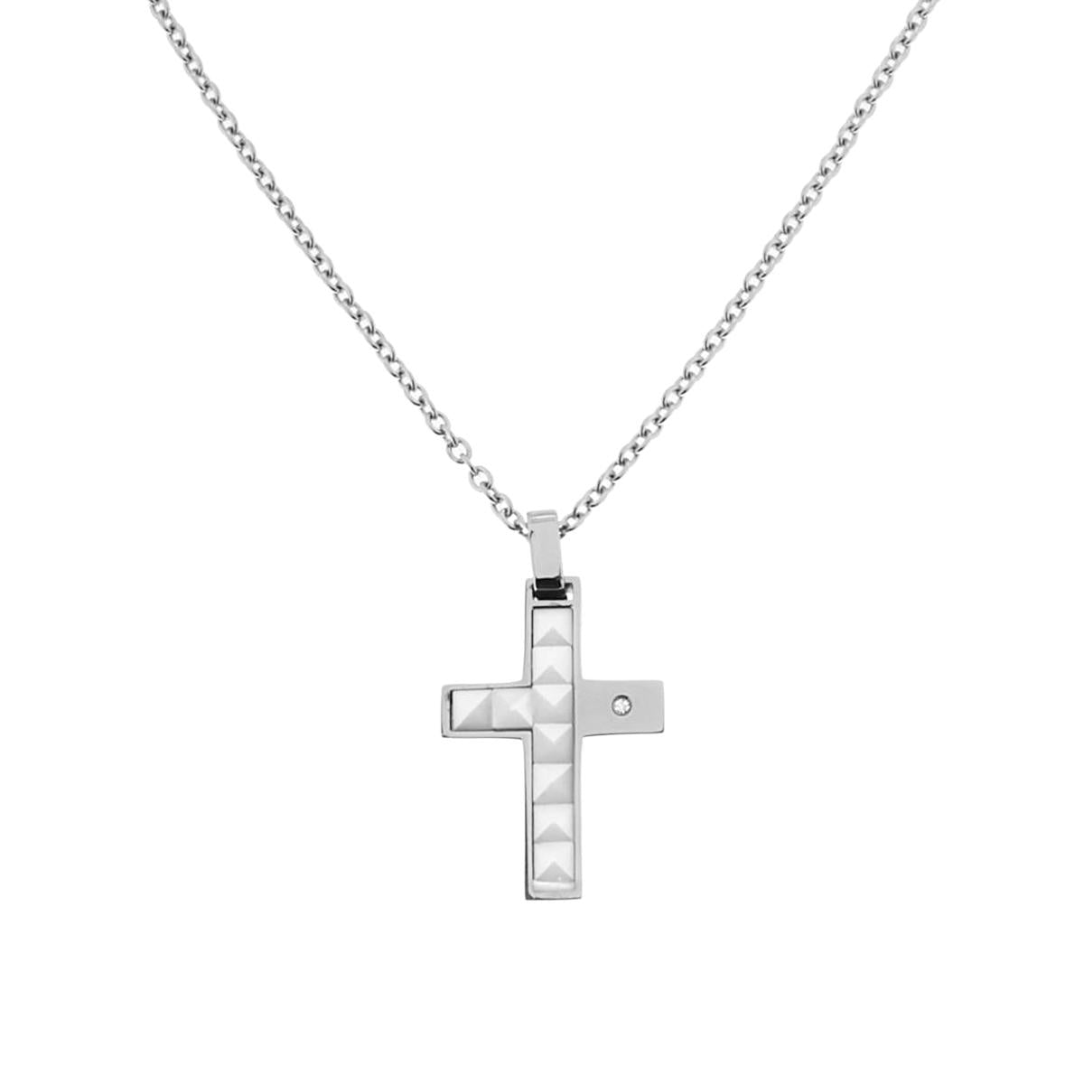 Collana con pendente a forma di Croce con Ceramica Bianca e Crystal Bianco in ACCIAIO