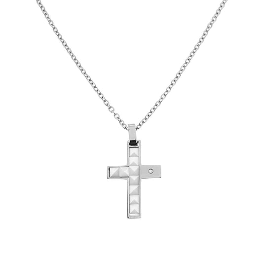 Collana con pendente a forma di Croce con Ceramica Bianca e Crystal Bianco in ACCIAIO