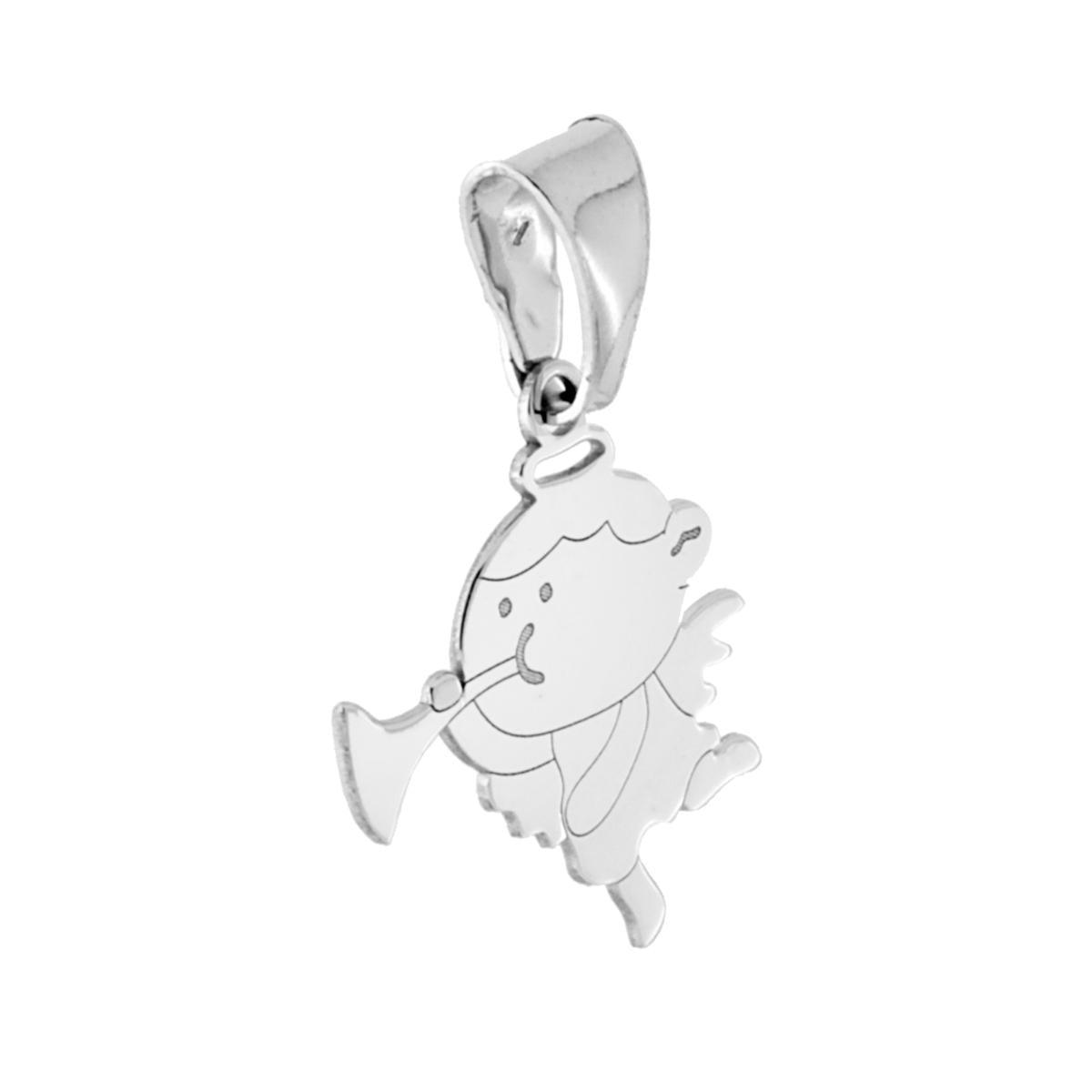 Ciondolo plain a forma di angelo che suona la tromba con finitura liscia e lucida e incisa.<BR>