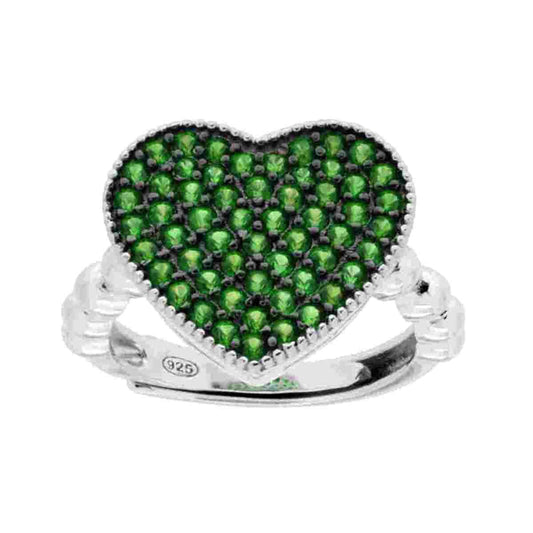 Anello Cuore con Cubic Zirconia Verde Smeraldo in ARGENTO 925 Galvanica Rodio