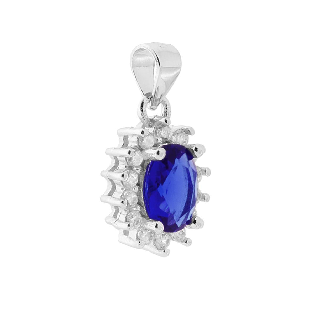 Ciondolo con forma Ovale con Zircone Blu Zaffiro contornato da Zirconi Bianchi.