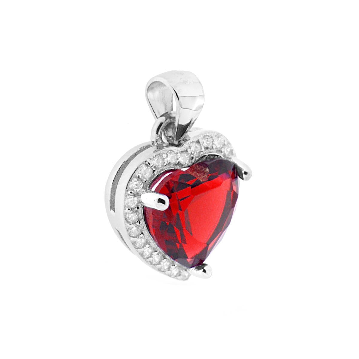 Ciondolo a forma di Cuore con Zircone Rosso Rubino contornato da Zirconi Bianchi.