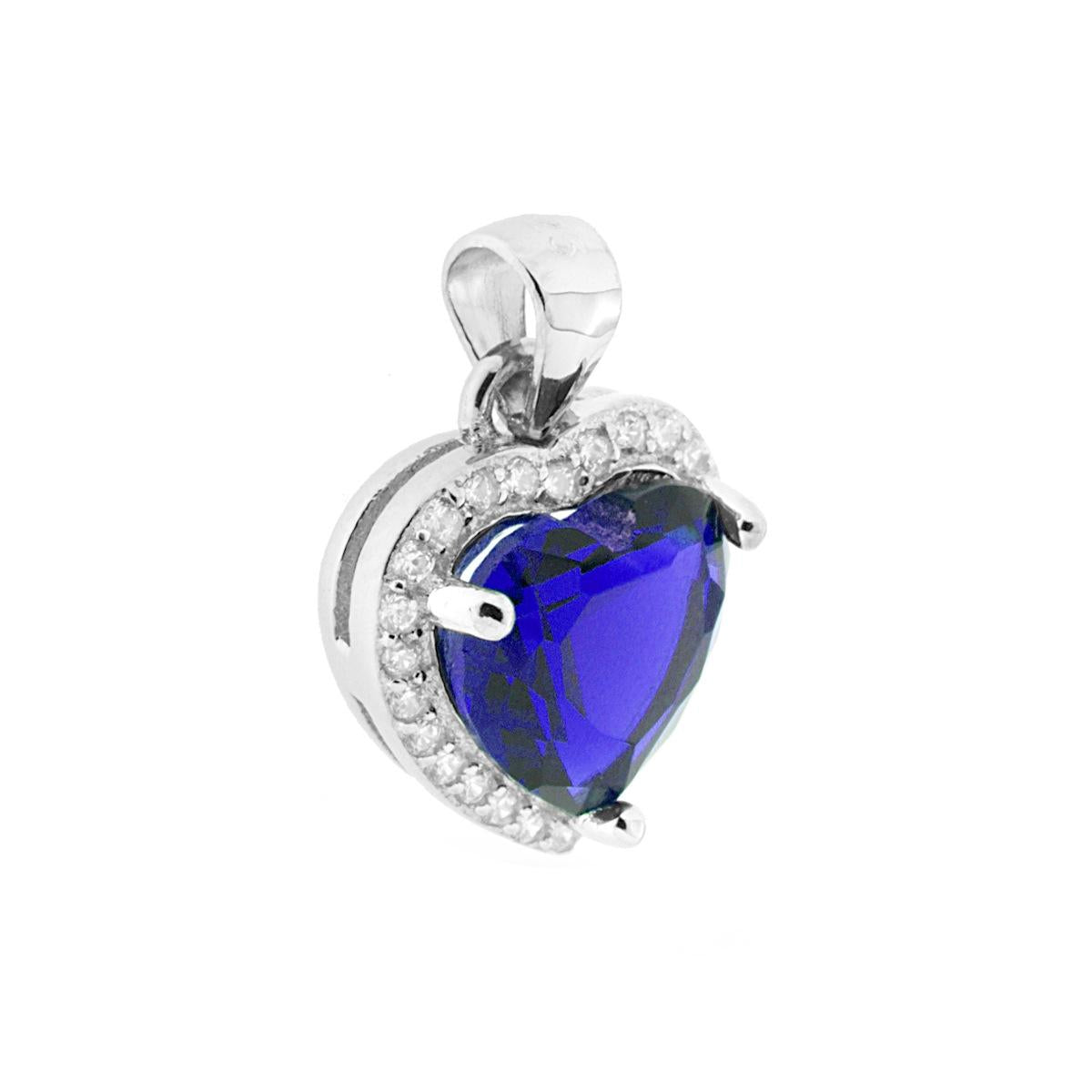 Ciondolo a forma di Cuore con Zircone Blu Zaffiro contornato da Zirconi Bianchi.