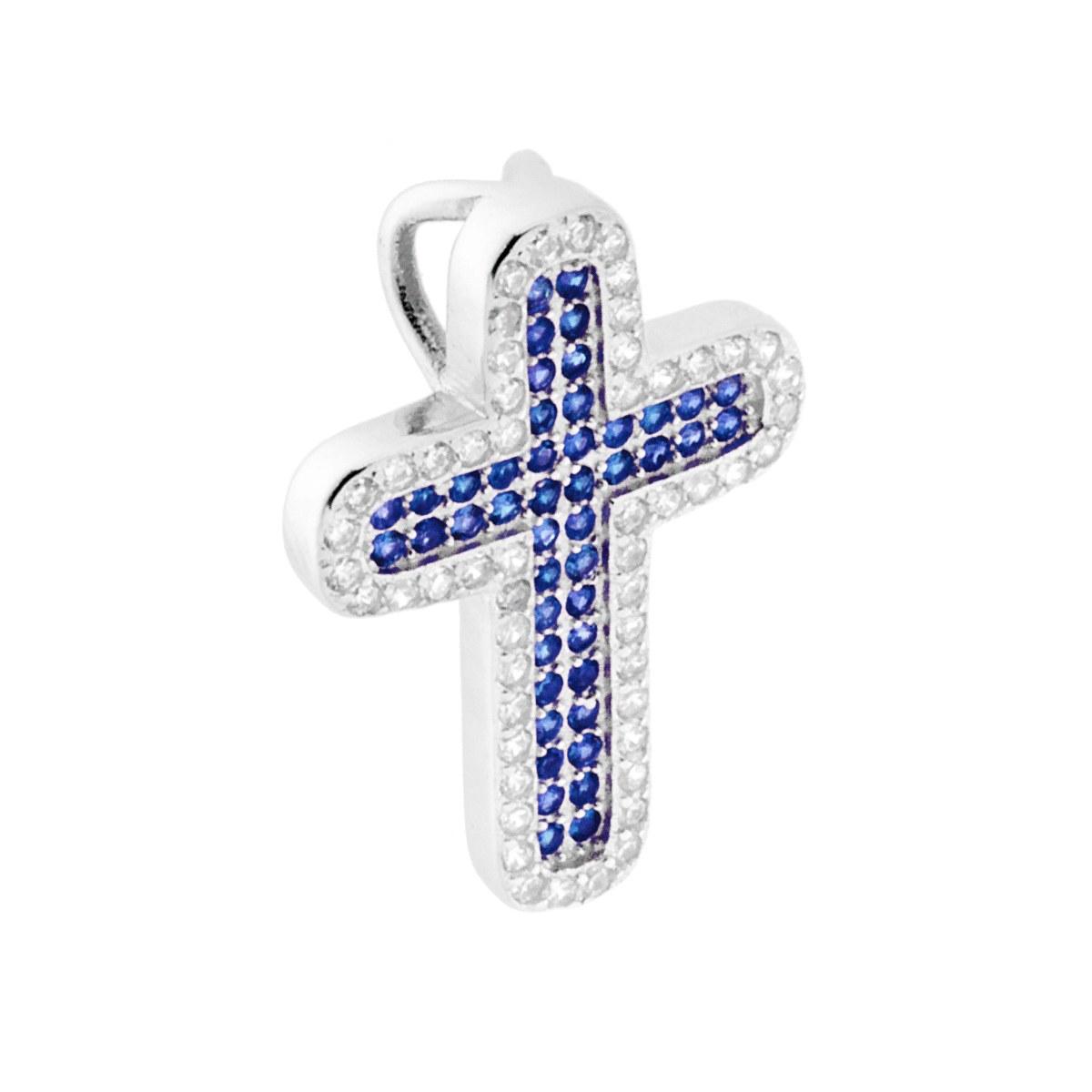 Ciondolo a forma di Croce con Zirconi Blu Zaffiro cotornati da Zirconi Bianchi.