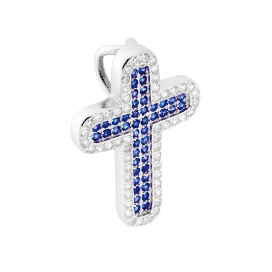 Ciondolo a forma di Croce con Zirconi Blu Zaffiro cotornati da Zirconi Bianchi.