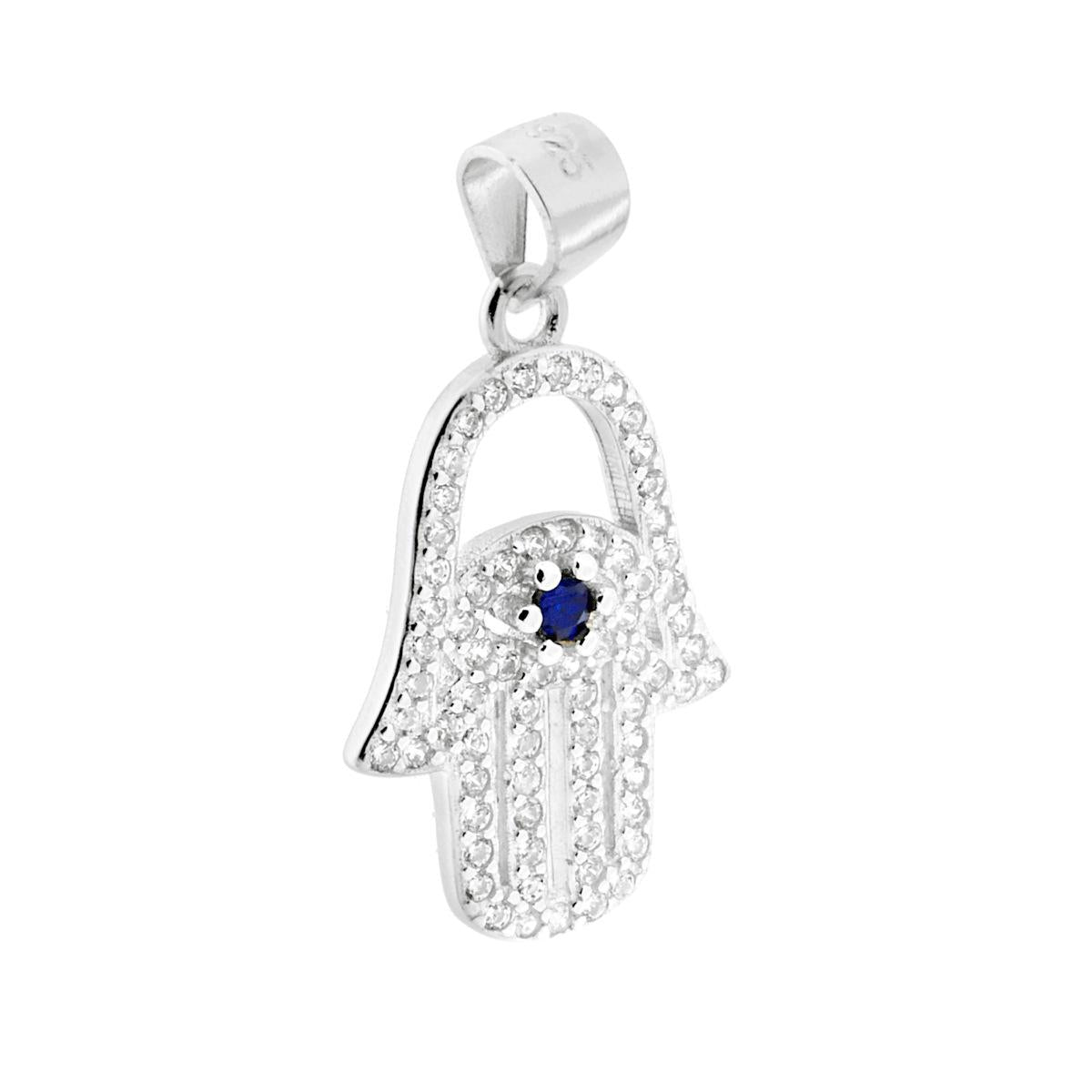 Ciondolo a forma di Mano di Fatima con Zirconi Bianchi e Zircone Blu Zaffiro.