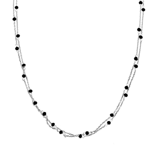 Collana Lunga Catena Forzatina due fili con Crystal Neri in ARGENTO 925 Galvanica Rodio