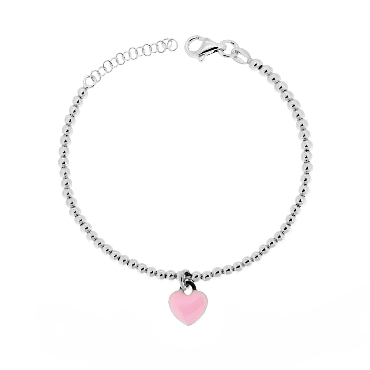 Bracciale con Palline mm 3 e Cuore Smalto Rosa in ARGENTO 925 Galvanica Rodio