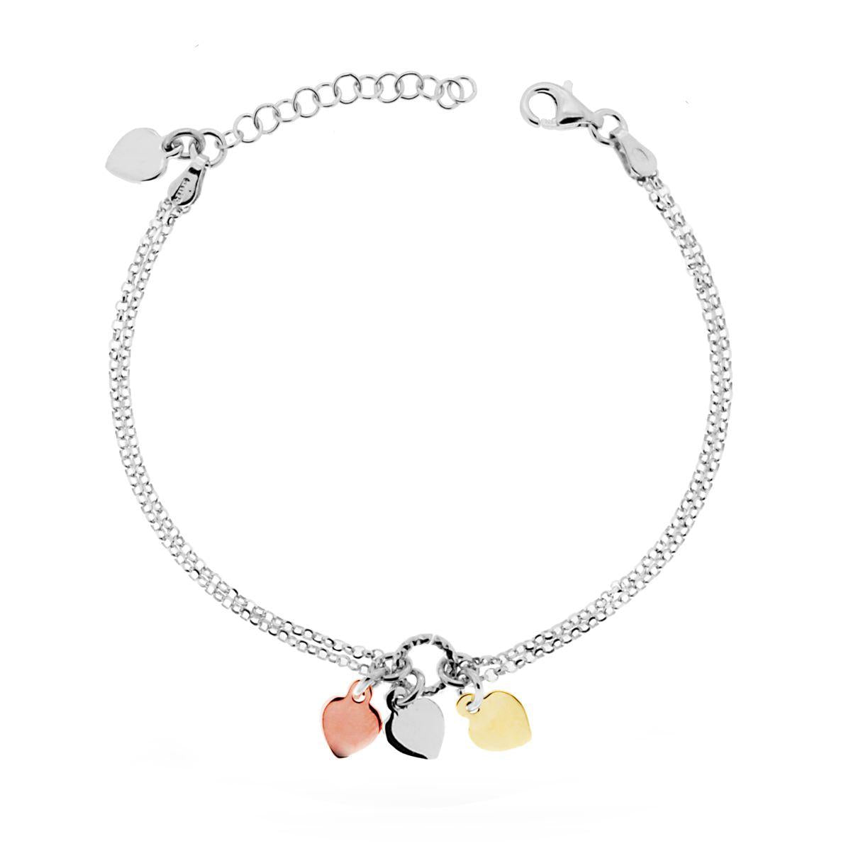 Bracciale Catena due fili Rolo Diamantata con Cuori in ARGENTO 925 Galvanica Rodio Oro e Rosa