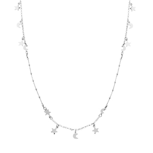 Collana Lunga con Catena Rolo con Palline e Stelle e Lune plain in ARGENTO 925 Galvanica Rodio