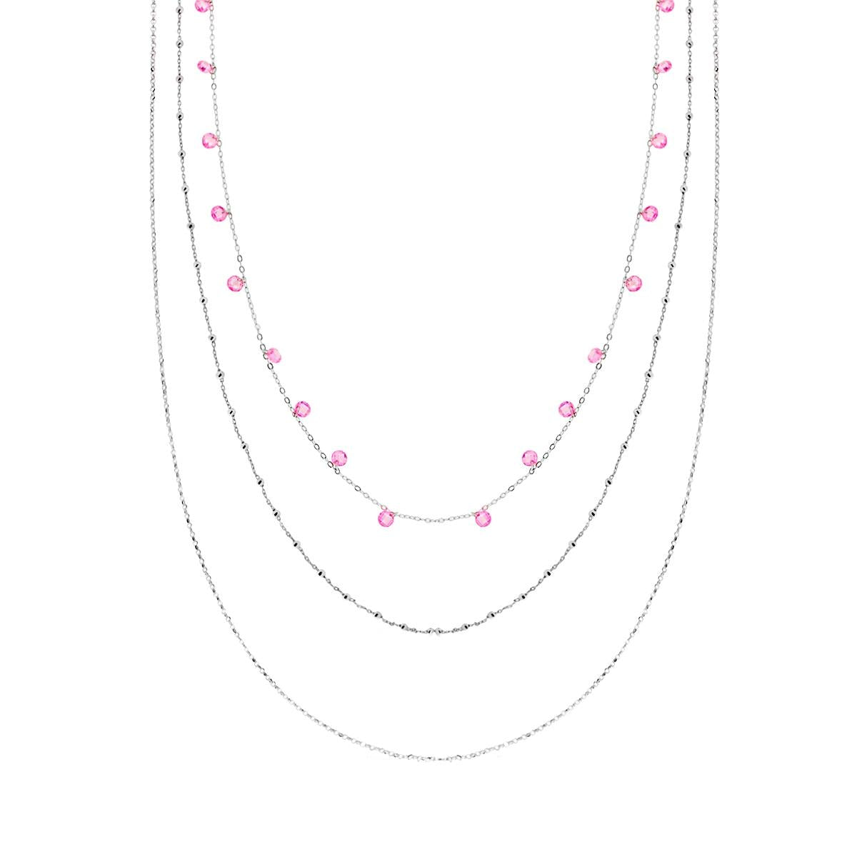 Collana Lunga Catena Forzatina e Rolo tre fili con palline mm 2 e Crystal Rosa pendenti in ARGENTO 925 Galvanica Rodio
