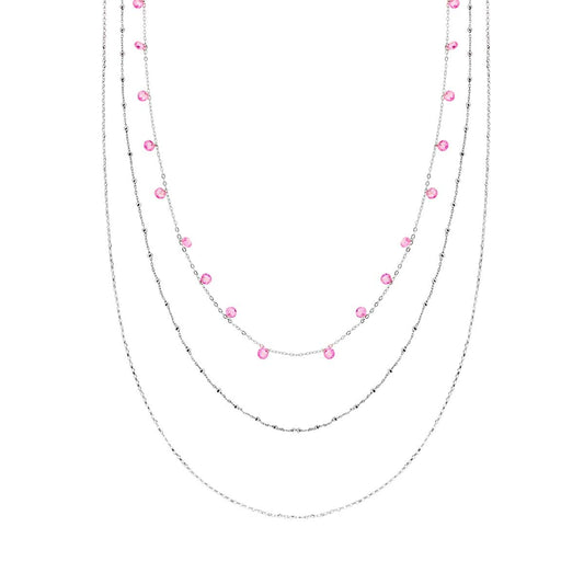 Collana Lunga Catena Forzatina e Rolo tre fili con palline mm 2 e Crystal Rosa pendenti in ARGENTO 925 Galvanica Rodio