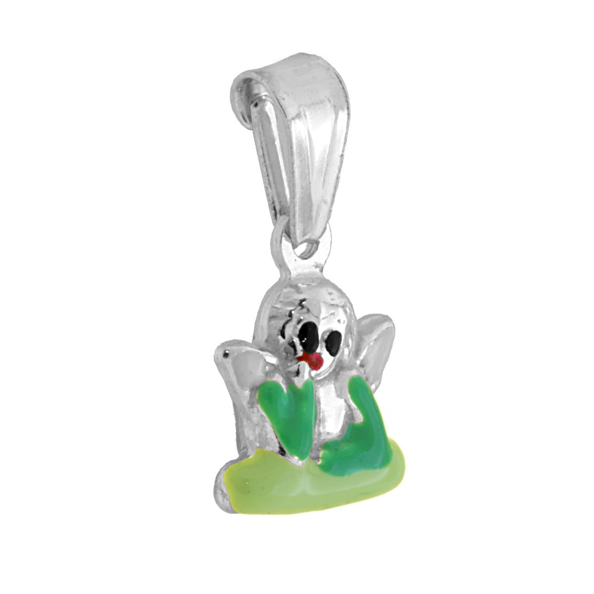 Ciondolo bombato, effetto tridimensionale, per Bimbo e Bimba, a forma di angelo con applicazione smalto colore Verde.<BR>Made in Italy