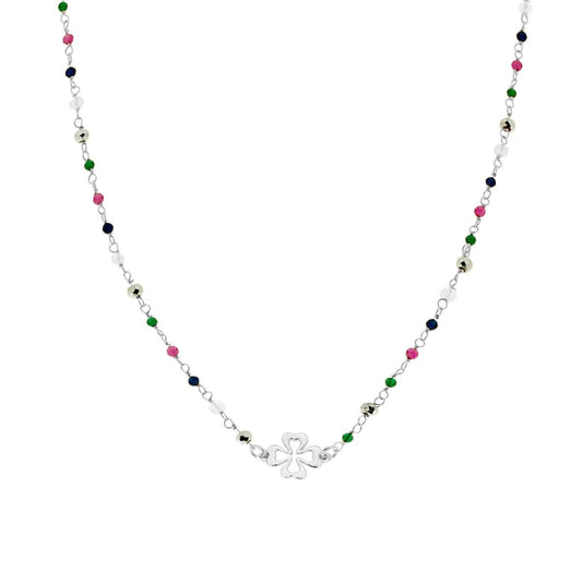 Collana con catena alternata a Crystal color con Quadrifoglio in ARGENTO 925 Galvanica Rodio