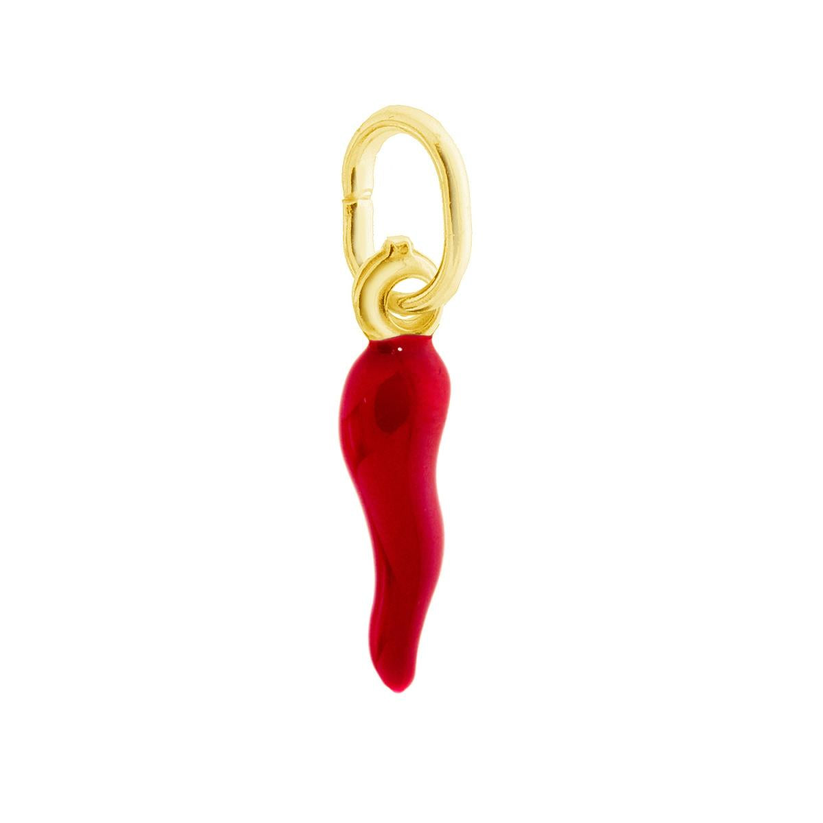 Ciondolo a forma di Cornetto portafortuna con Applicazione smalto Rosso.<BR>Made in Italy