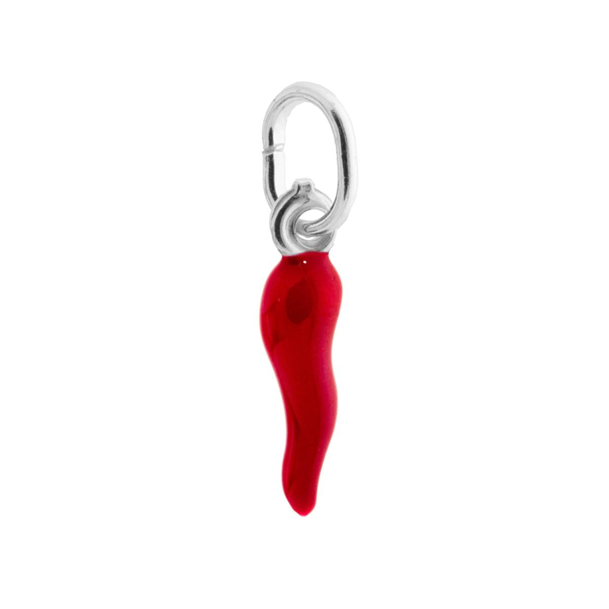 Ciondolo a forma di Cornetto portafortuna con Applicazione smalto Rosso.<BR>Made in Italy
