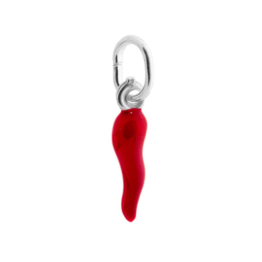Ciondolo a forma di Cornetto portafortuna con Applicazione smalto Rosso.<BR>Made in Italy