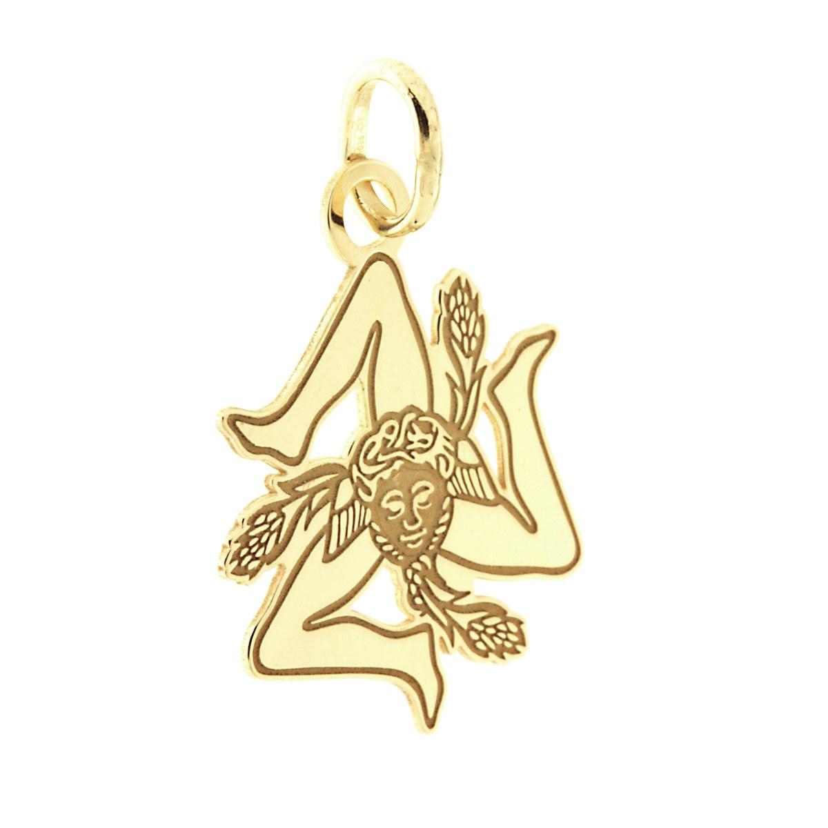 Ciondolo sagoma a forma di Trinacria con lavorazione liscia e lucida. Incisione laser.<BR>Made in Italy