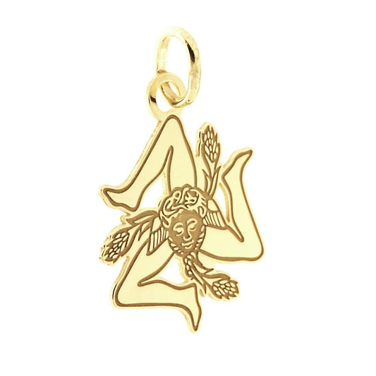 Ciondolo sagoma a forma di Trinacria con lavorazione liscia e lucida. Incisione laser.<BR>Made in Italy