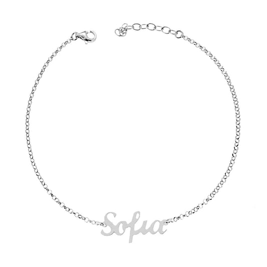 Cavigliera Catena Rolo Diamantata con Nome Sofia in Corsivo in ARGENTO 925 Galvanica Rodio