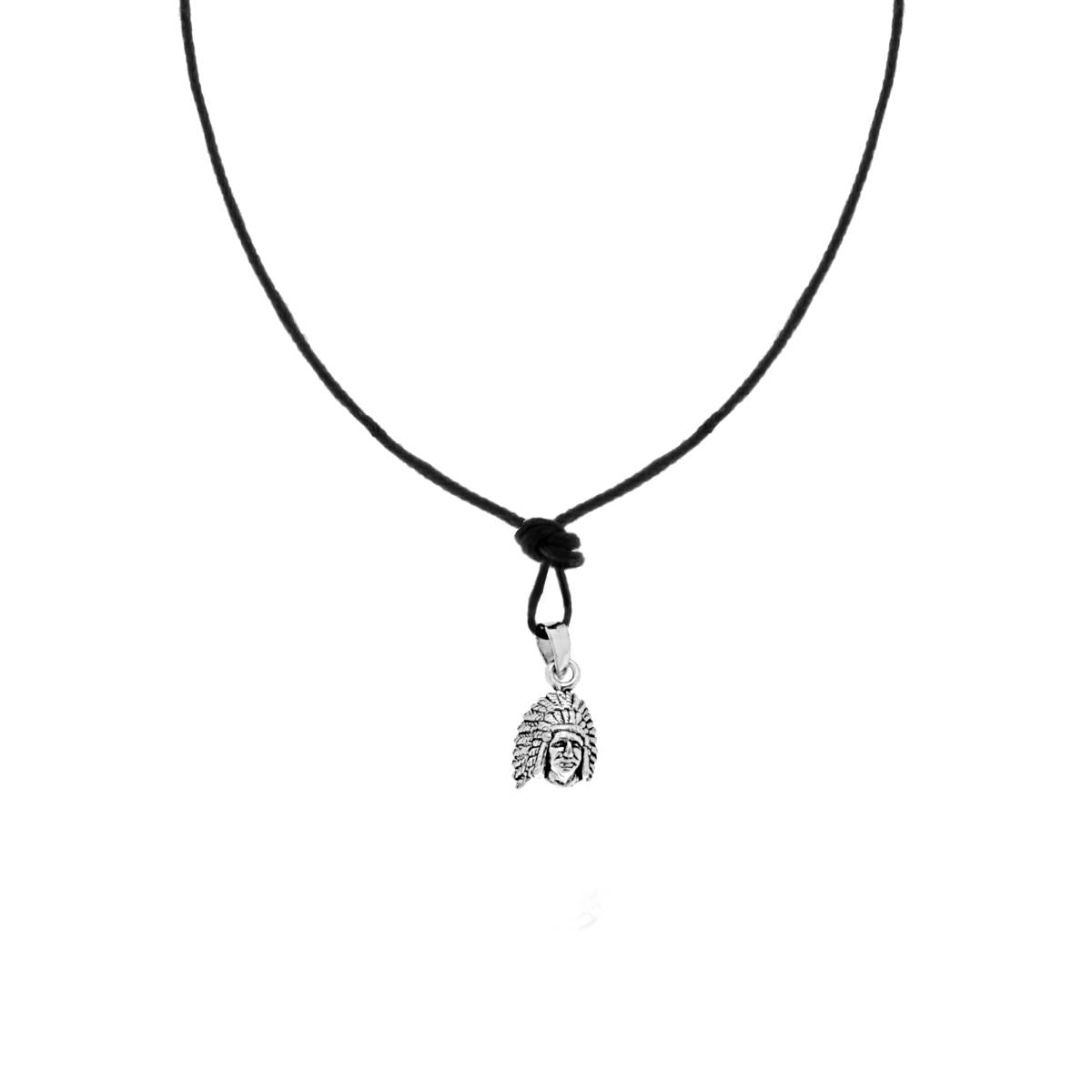 Collana con Ciondolo Testa di Indiano in ARGENTO 925 e Laccio in Cotone