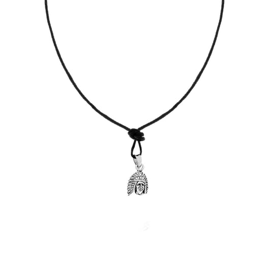 Collana con Ciondolo Testa di Indiano in ARGENTO 925 e Laccio in Cotone