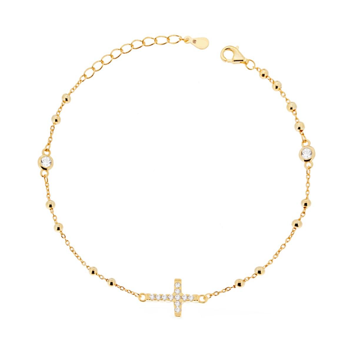 Bracciale Rosario cm 20 con Palline mm 2.5 Croce e Zirconi Bianchi in ARGENTO 925 Galvanica Oro