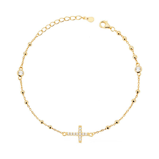 Bracciale Rosario cm 20 con Palline mm 2.5 Croce e Zirconi Bianchi in ARGENTO 925 Galvanica Oro