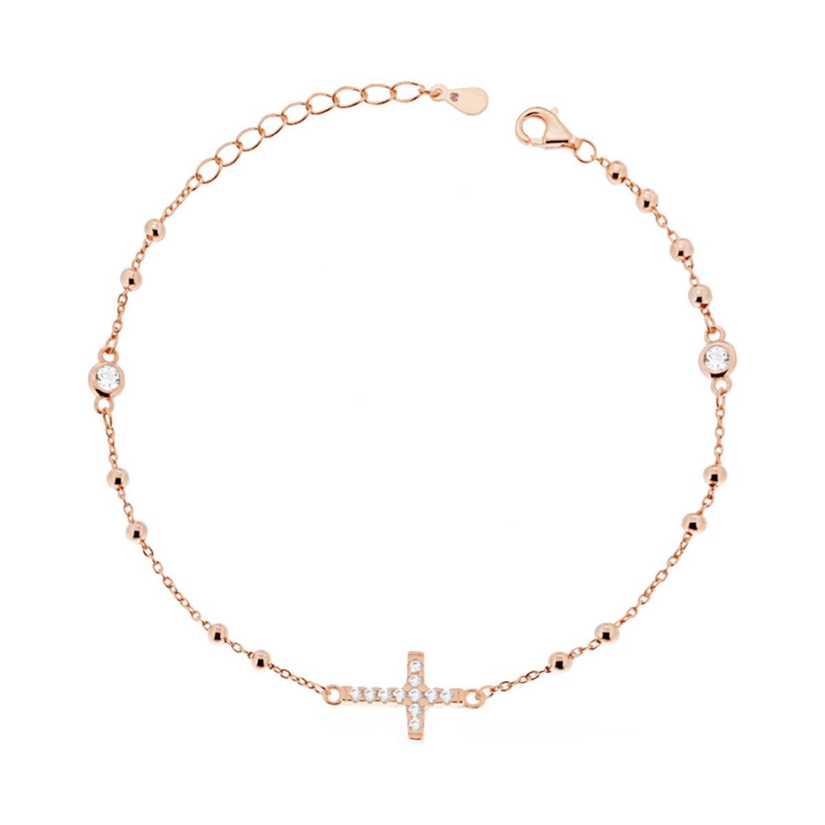 Bracciale Rosario cm 20 con Palline mm 2.5 Croce e Zirconi Bianchi in ARGENTO 925 Galvanica Rosa