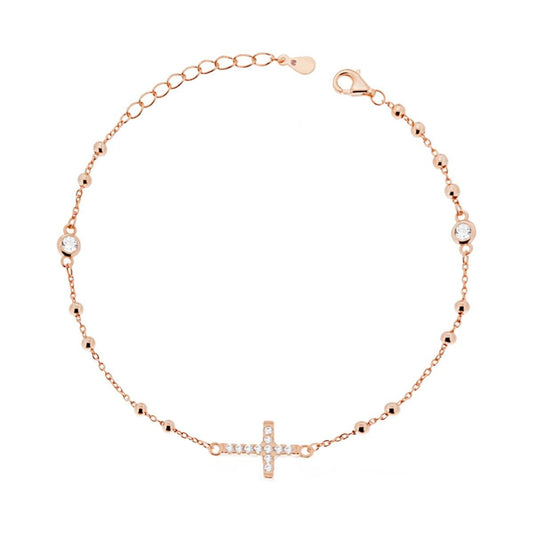 Bracciale Rosario cm 20 con Palline mm 2.5 Croce e Zirconi Bianchi in ARGENTO 925 Galvanica Rosa
