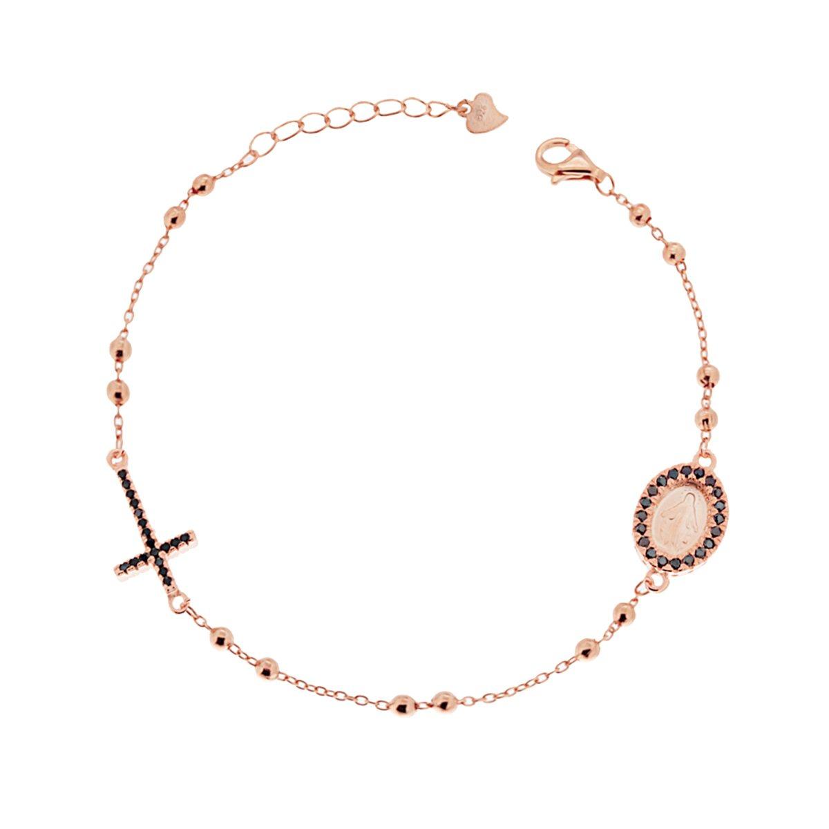 Bracciale Rosario con Croce e Medaglia Madonna cm 20 con Palline mm 2.5 e Zirconi Neri in ARGENTO 925 Galvanica Rosa