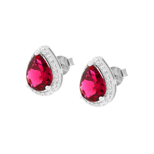 Orecchini Goccia con Zircone Rosso Rubino contornato con Zirconi Bianchi in ARGENTO 925 Galvanica Rodio