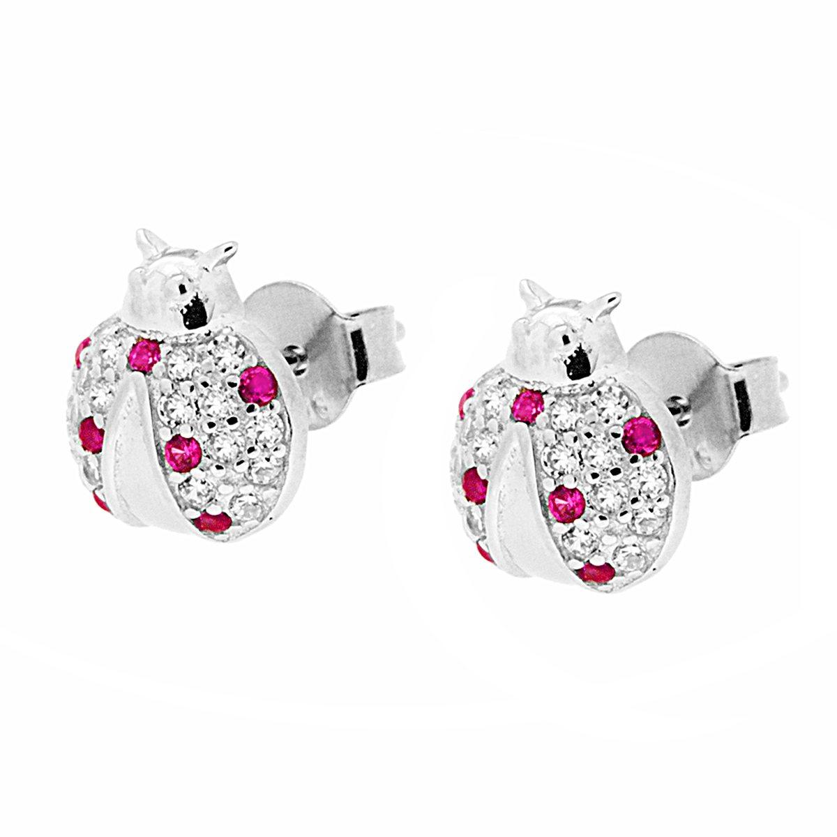 Orecchini Coccinella con Zirconi Bianchi e pois Rosso Rubino in ARGENTO 925 Galvanica Rodio