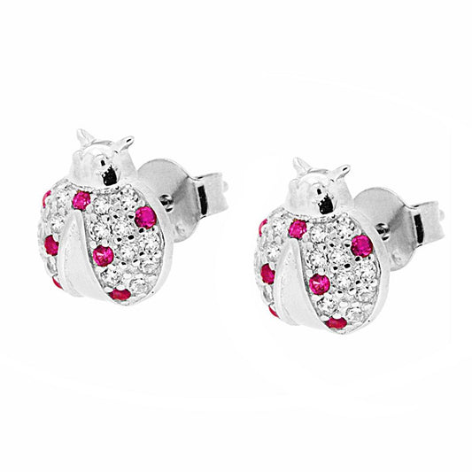 Orecchini Coccinella con Zirconi Bianchi e pois Rosso Rubino in ARGENTO 925 Galvanica Rodio