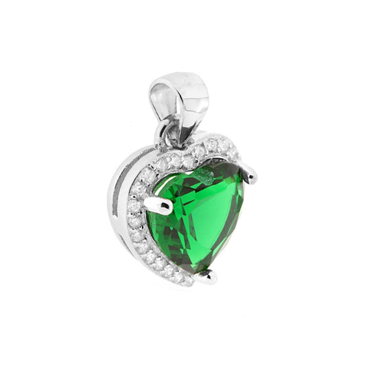 Ciondolo a forma di Cuore con Zircone Verde Smeraldo contornato da Zirconi Bianchi.