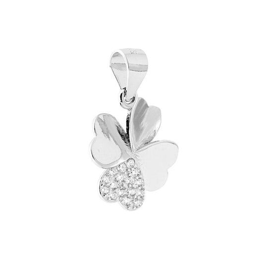 Ciondolo a forma di Quadrifoglio con Cuori e con Zirconi Bianchi incastonati.<BR>