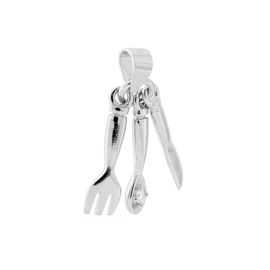 Ciondolo con accessori pendenti a forma di Coltello, Cucchiaio e Forchetta 3D con zircone incastonato.