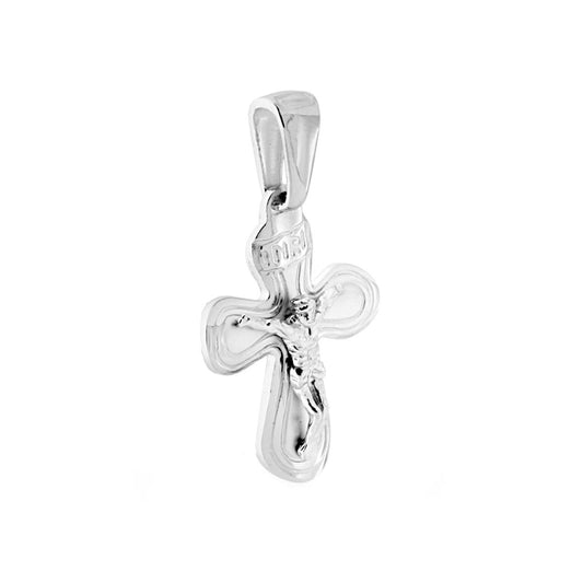 Ciondolo a forma di Croce Latina con Cristo a rilievo e lavorazione laser e satinata.<BR>Made in Italy