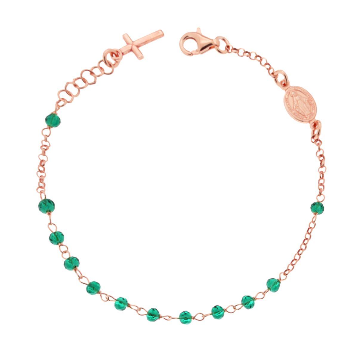 Bracciale Rosario cm 20 con Grani in Crystal colore Verde Smeraldo mm 3.5 in ARGENTO 925 Galvanica Rosa