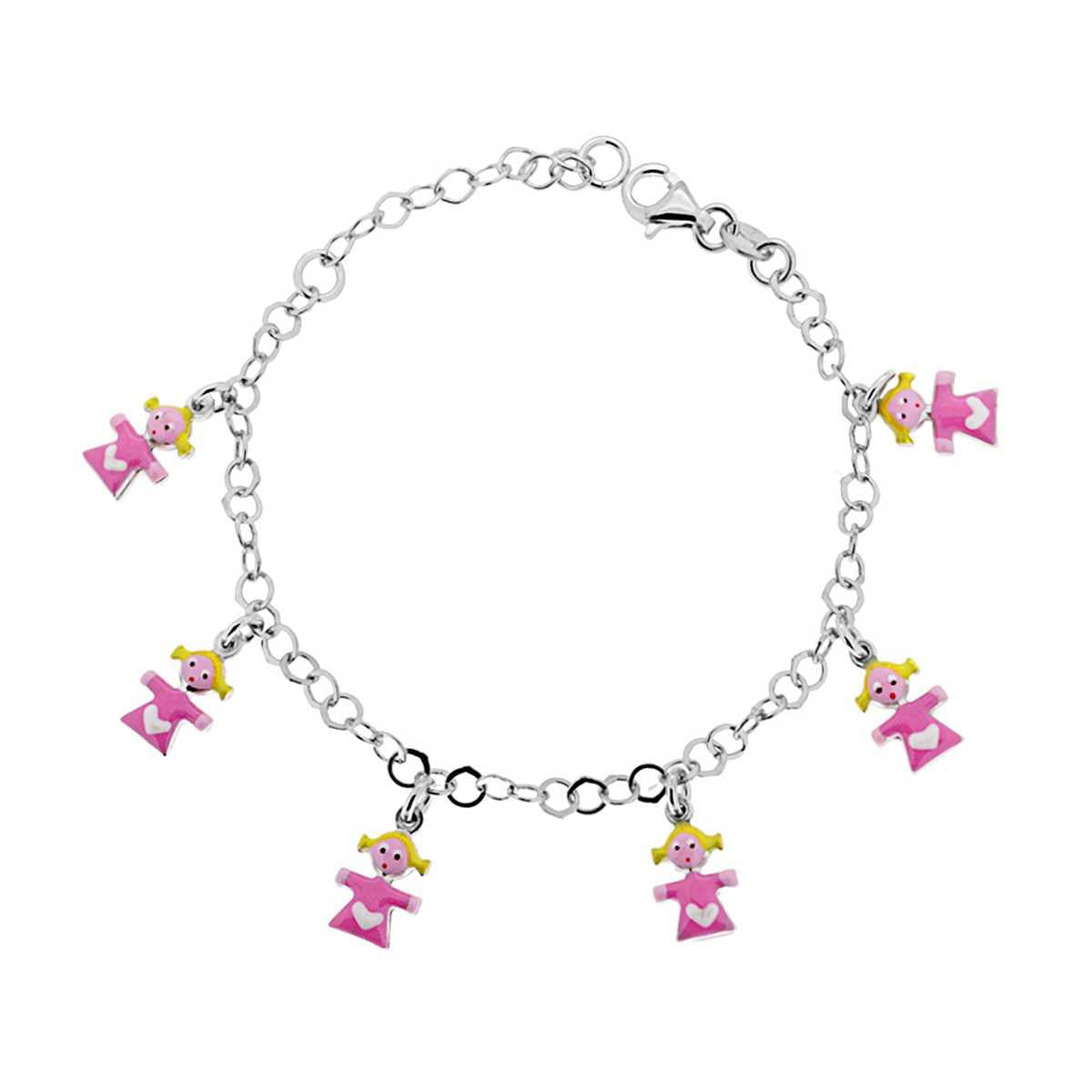 Bracciale Bimbo Bimba Catena Rolo con Bimbe Pendenti smaltate in ARGENTO 925 Galvanica Rodio