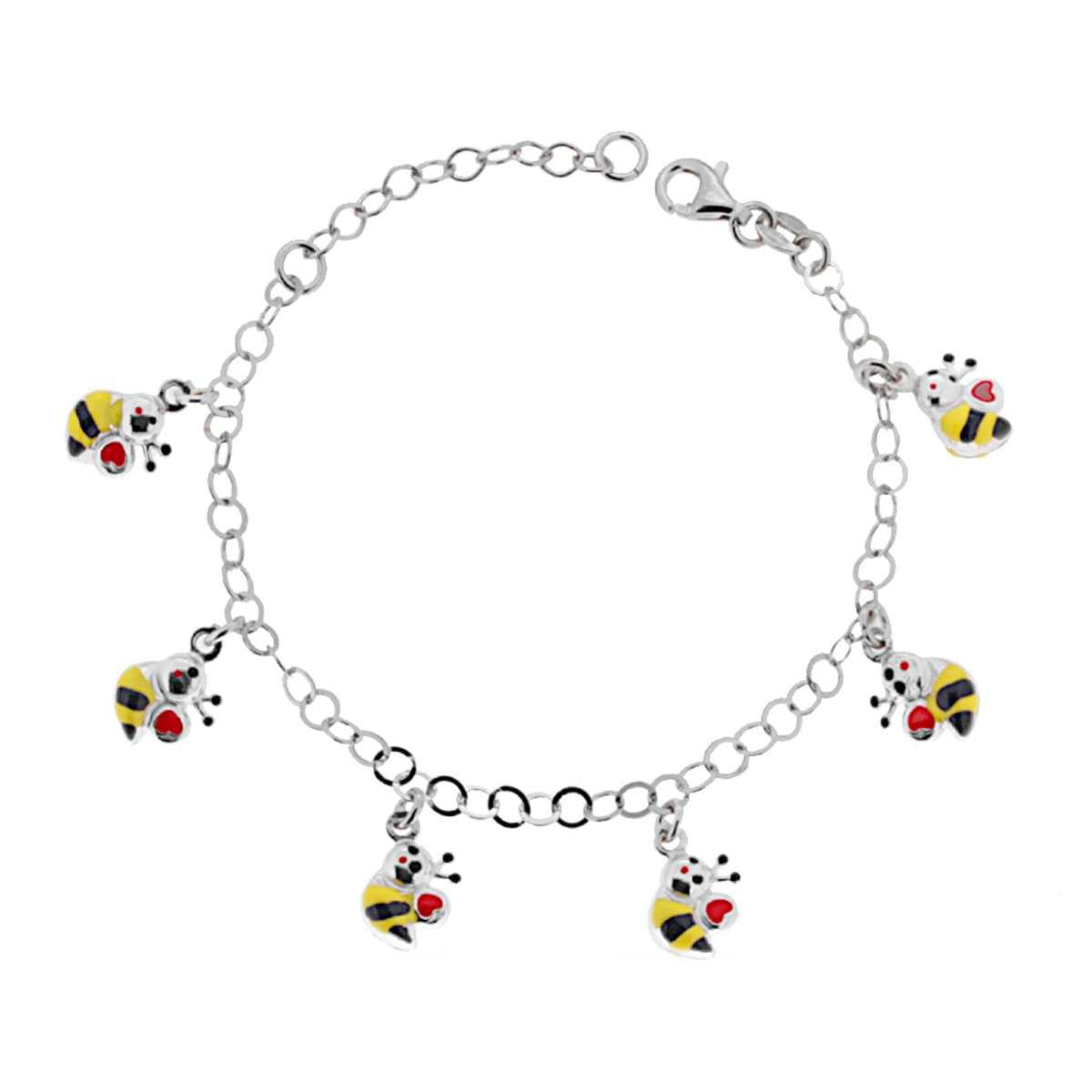 Bracciale Bimbo Bimba Catena Rolo con Api Pendenti smaltati in ARGENTO 925 Galvanica Rodio