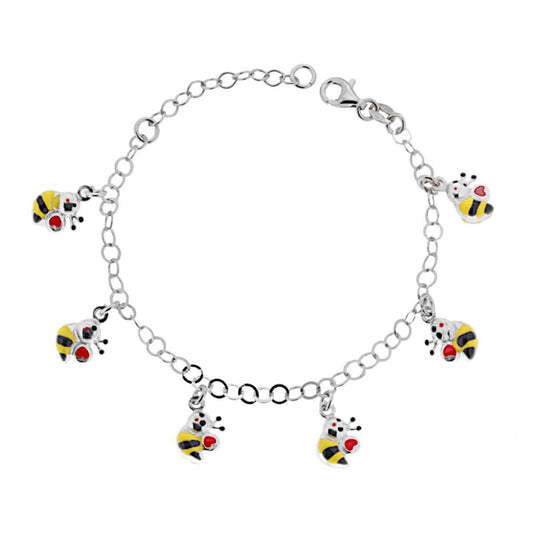 Bracciale Bimbo Bimba Catena Rolo con Api Pendenti smaltati in ARGENTO 925 Galvanica Rodio