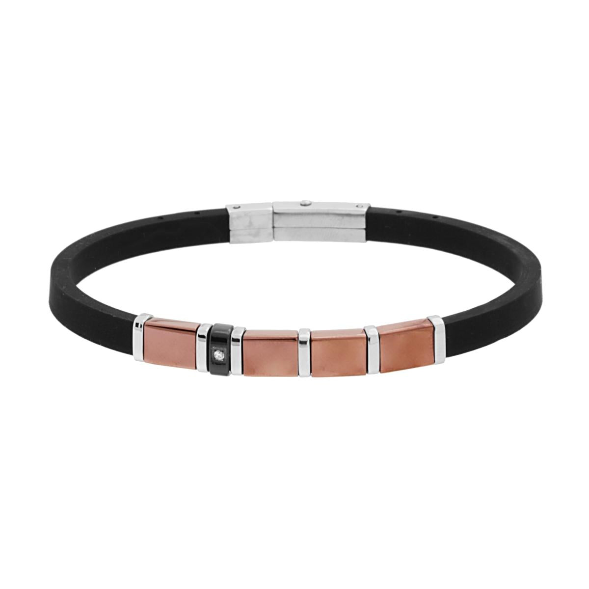 Bracciale in Caucci PVC Nero con Quadrotti Galvanica Rame e Crystal Bianco in ACCIAIO