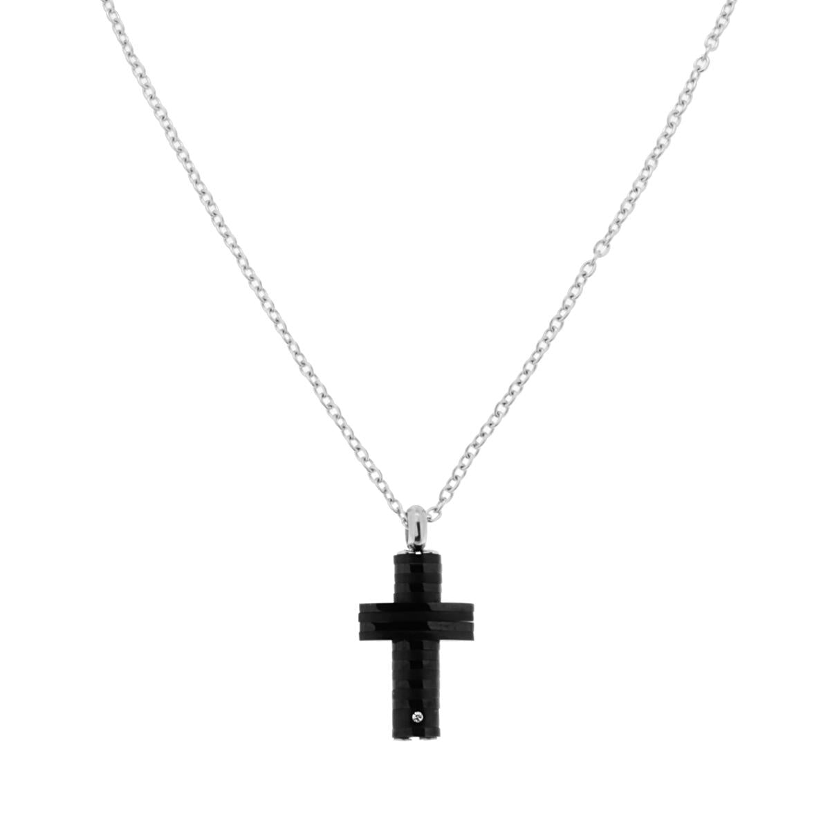 Collana Catena Forzatina con Croce Laccata colore Nero e Crystal Bianco in ACCIAIO